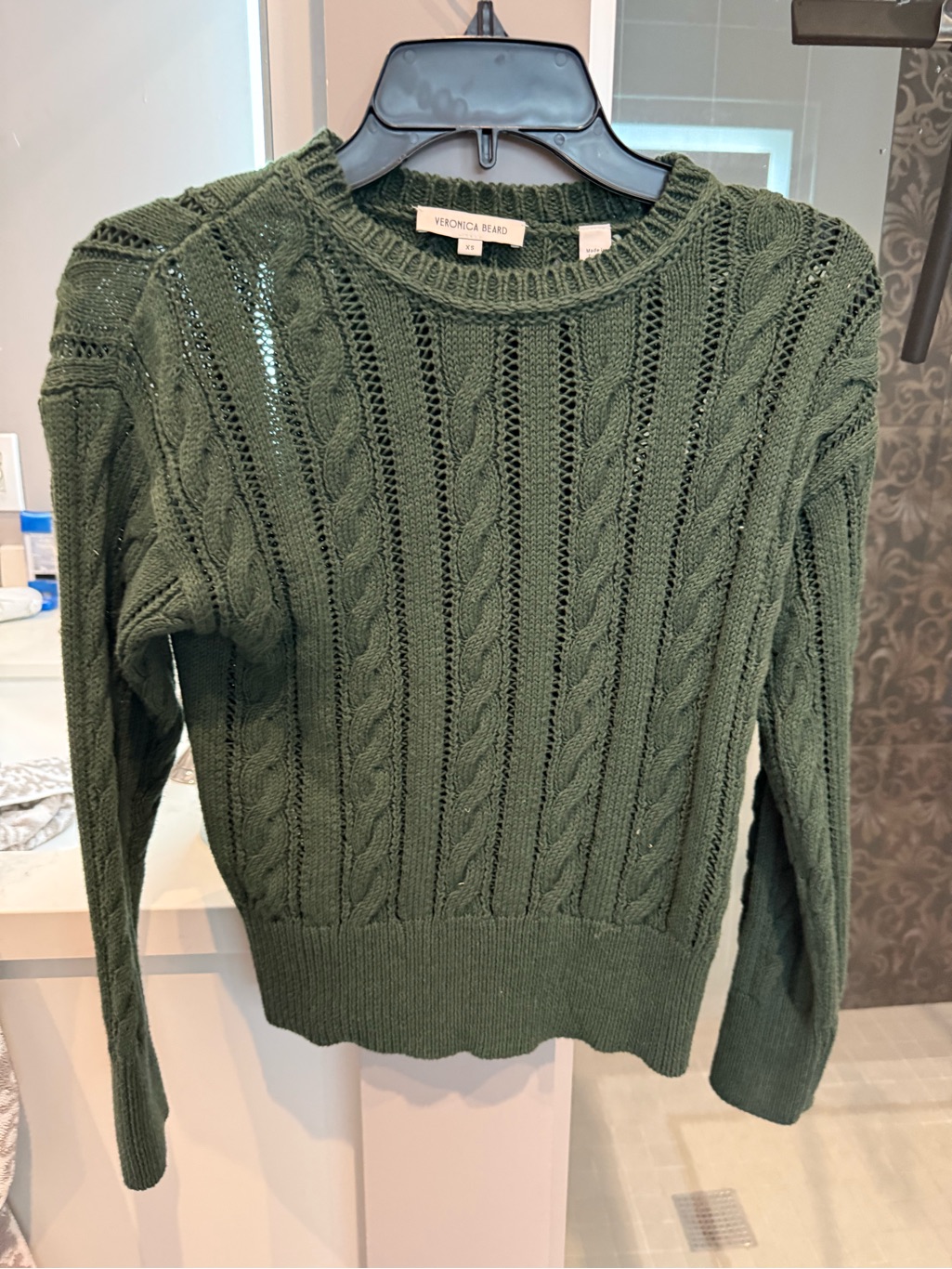 Veronica Beard Olive Green Cable Knit Crewneck Sweater